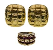 18k Gold Earrings and 14k Gold Ring
