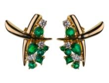 14k Yellow Gold, Emerald and Diamond Pierced Earrings
