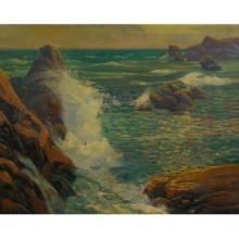 Carl Rudolph Krafft (American, 1884-1938) 'Rocks and Surf' Oil on Masonite