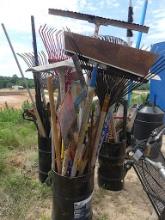 Lawn Tools, Rakes, Brooms, (3 Metal Cans Full)