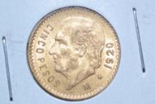 1920 Mexican Five Peso .900 Gold Piece; Unc.