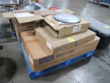 pallet of new misc- Uline utility cart, Cambro food storage containers,