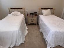 Twin Bedroom Set: (2) Twin Beds with Frames, (1) Double Dresser, (1) Mirror & (1) Night Table