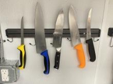 Wall Mount magnetic knife rack with (5) Chef Knives