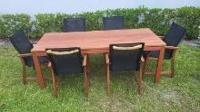 BRAND NEW OUTDOOR 100% FSC SOLID WOOD 82" TABLE WITH 6 Black Sling Wooden Chairs
