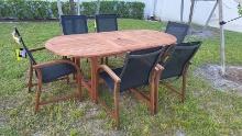 BRAND NEW INDOOR 82" x 35" EXTENDABLE TABLE WITH 6 BLACK SLING WOODEN CHAIRS