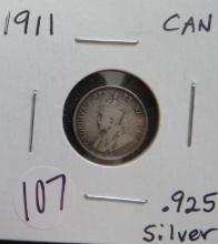 1911- Canada Silver 5 Cent Piece