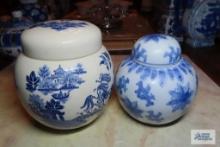 Blue and white covered jars