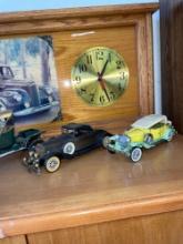 Assorted toy cars and clock