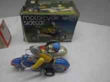 Clock Work Motorcycle w/ Sidecar, Ertl Toy Truck Bank, Pedal Champs Taxi