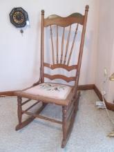 Antique Victorian Oak Spindle Back Rocker with Needle Point Seat