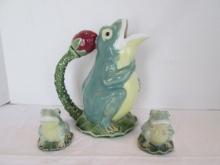 Majolica Frog Pitcher and Pair of Shakers