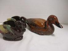 Handpainted Lacquered Duck Trinket Box and Pair of Pottery Swan Candle Holders