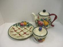 World Market Majolica Style Teapot, Plate and Sugar Bowl