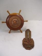 Midcentury Cedar Ship's Wheel Barometer and Demon's Fanning the Flames Thermometer
