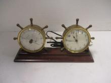 Midcentury Swift Brass Ship's Wheel Electric Clock and Barometer Desk Set