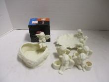 Bisque Porcelain Cherub Dish, Candle Holders and Trinket Box