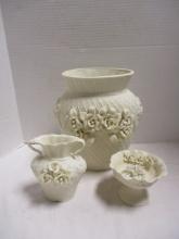 Bisque Porcelain Compote, Tall Vase and Flower Insert with Applied Flowers