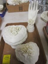 Two Bisque Porcelain Heart Trinket Boxes and Hand Ring Holder with Applied Flowers