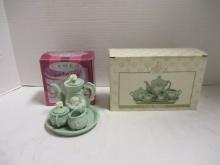 Green Bisque Porcelain Cameo Miniature Tea Sets in Original Boxes
