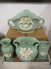 Green Bisque Porcelain Cameo Centerpiece, Urn Vase, Vase and Wall Pocket