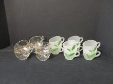 Eight Frosted Handpainted Holly Design and Six Gold Banded Clear Punch Cups