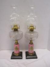 Pink Oil Lamps w/Lion Head Chimneys (PR)