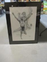 Framed and Matted Drawing of "Olympian Carl Lewis" - Signed and Dated
