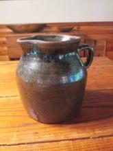 Antique Brown Glazed Stoneware Pottery Pitcher Jug with Applied Handle