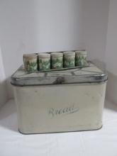 Vintage Empeco Tin Bread Box and 5 Jar Spice Tins with Rack