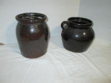 Vintage Brown Glazed Stoneware Crock with Applied Handle and