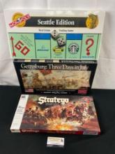 Three Board Games, Seattle Edition Monopoly, Gettysburg: Three Days in July & Stratego