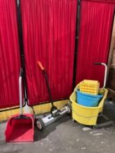 3 pcs Janitorial Equipment. Central Machinery 22" Magnetic Floor Sweeper. Rolling Mop Bucket. See