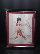 Framed and Matted Watercolor-Geisha Girl