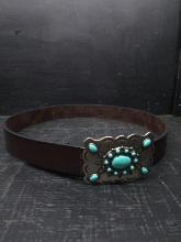 Silver Tone and Turquoise Belt Buckle with Leather Belt