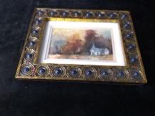Artwork-Framed and Double Matted Watercolor with Jeweled Frame-Church In a Pasture by Mary Madsen