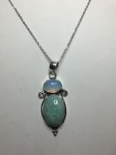 .925 2 1/4" A A A Blue Green Amazonite Gemstone With Milky Opalite Nice Detail On 18" Chain