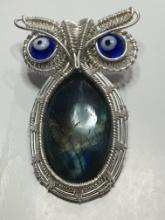 2 1/2" A A A Top Quality Silver Wire Wrap Blue Fire Labraorite Large Owl Pendant  Blue Glass Eyes