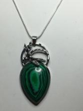 2 1/8" A A A Handmade Green Malachite Gemstone Dragonfly Pendant On 18" .925 Chain