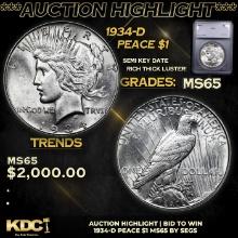 ***Auction Highlight*** 1934-d Peace Dollar 1 Graded ms65 By SEGS (fc)