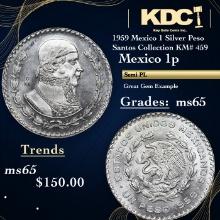 1959 Mexico 1 Silver Peso Santos Collection KM# 459 Grades GEM Unc PL