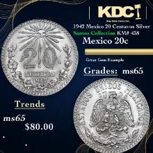 1942 Mexico 20 Centavos Silver Santos Collection KM# 438 Grades GEM Unc