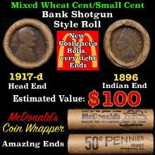 Small Cent Mixed Roll Orig Brandt McDonalds Wrapper, 1912-d Lincoln Wheat end, 1896 Indian other end