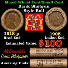 Small Cent Mixed Roll Orig Brandt McDonalds Wrapper, 1918-p Lincoln Wheat end, 1903 Indian other end