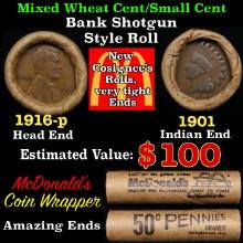 Small Cent Mixed Roll Orig Brandt McDonalds Wrapper, 1916-p Lincoln Wheat end, 1901 Indian other end