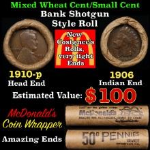 Small Cent Mixed Roll Orig Brandt McDonalds Wrapper, 1910-p Lincoln Wheat end, 1906 Indian other end