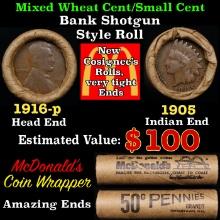 Small Cent Mixed Roll Orig Brandt McDonalds Wrapper, 1916-p Lincoln Wheat end, 1905 Indian other end