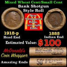 Small Cent Mixed Roll Orig Brandt McDonalds Wrapper, 1918-p Lincoln Wheat end, 1885 Indian other end