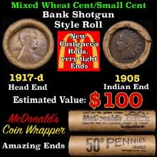Small Cent Mixed Roll Orig Brandt McDonalds Wrapper, 1917-d Lincoln Wheat end, 1905 Indian other end