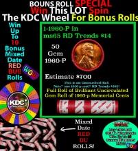 1-10 FREE BU RED Penny rolls with win of this 1960-p SOLID RED BU Lincoln 1c roll incredibly FUN whe